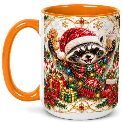 #pl[15oz|Orange] Christmas Raccoon Coffee Mug, Festive Animal Mug, Ceramic Cup