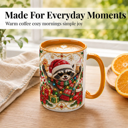 #pl[15oz|Orange] Christmas Raccoon Coffee Mug, Festive Animal Mug, Ceramic Cup