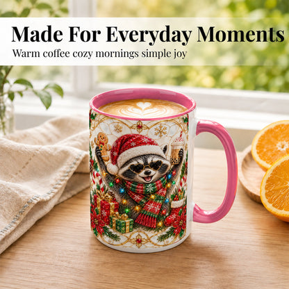 #pl[15oz|Pink] Christmas Raccoon Coffee Mug, Festive Animal Mug, Ceramic Cup