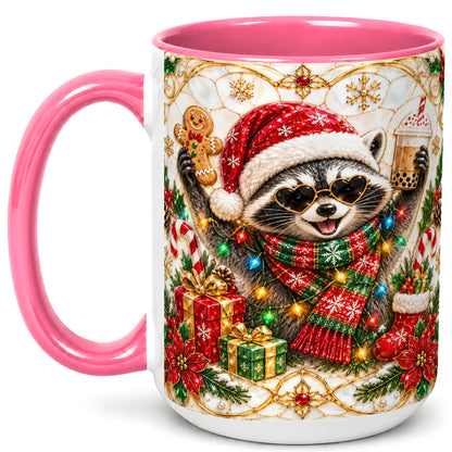 #pl[15oz|Pink] Christmas Raccoon Coffee Mug, Festive Animal Mug, Ceramic Cup