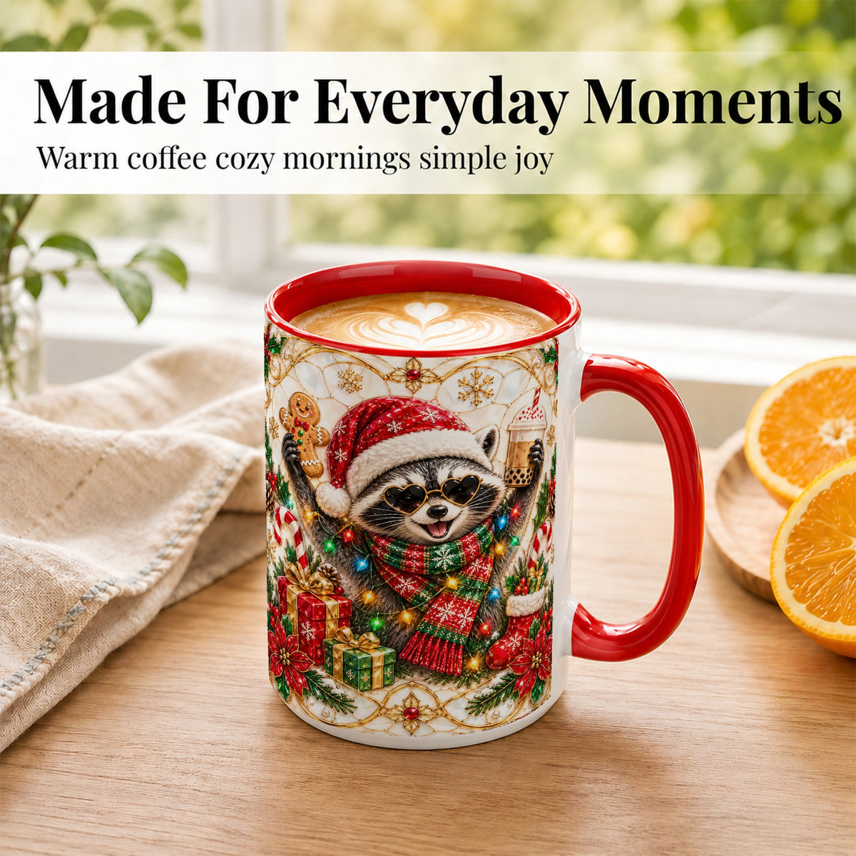#pl[15oz|Red] Christmas Raccoon Coffee Mug, Festive Animal Mug, Ceramic Cup