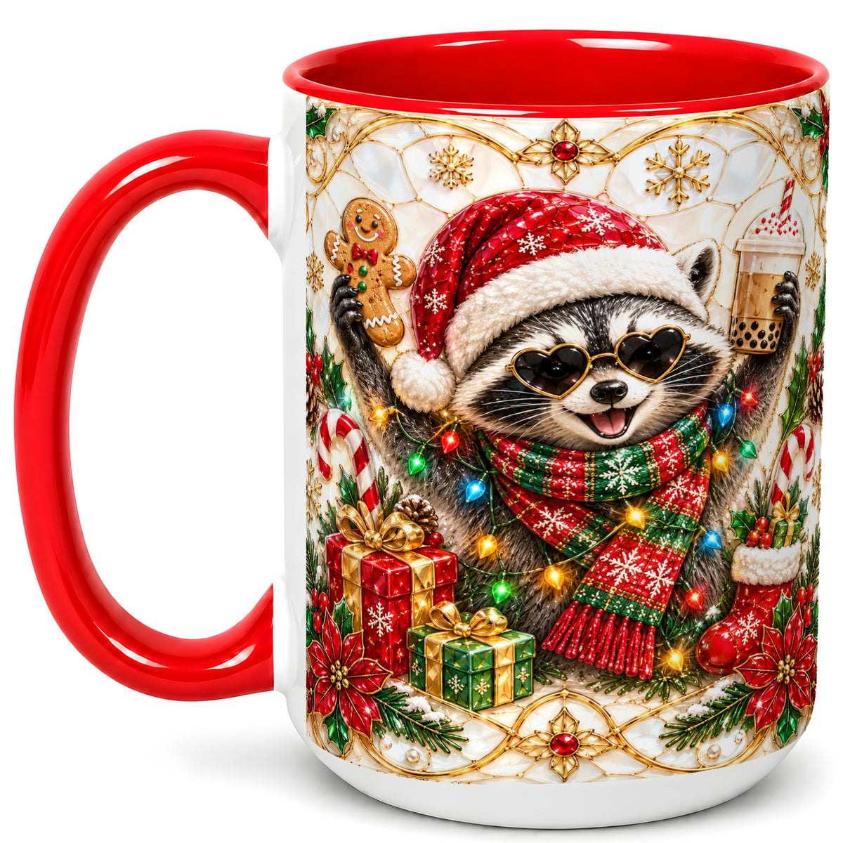 #pl[15oz|Red] Christmas Raccoon Coffee Mug, Festive Animal Mug, Ceramic Cup