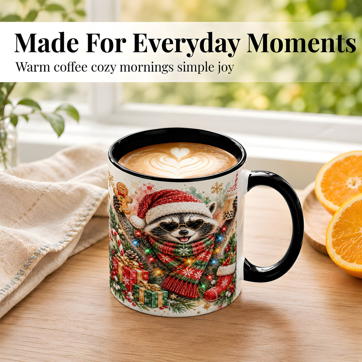 #pl[11oz|Black] Christmas Raccoon Coffee Mug, Holiday Animal Mug, Ceramic Cup