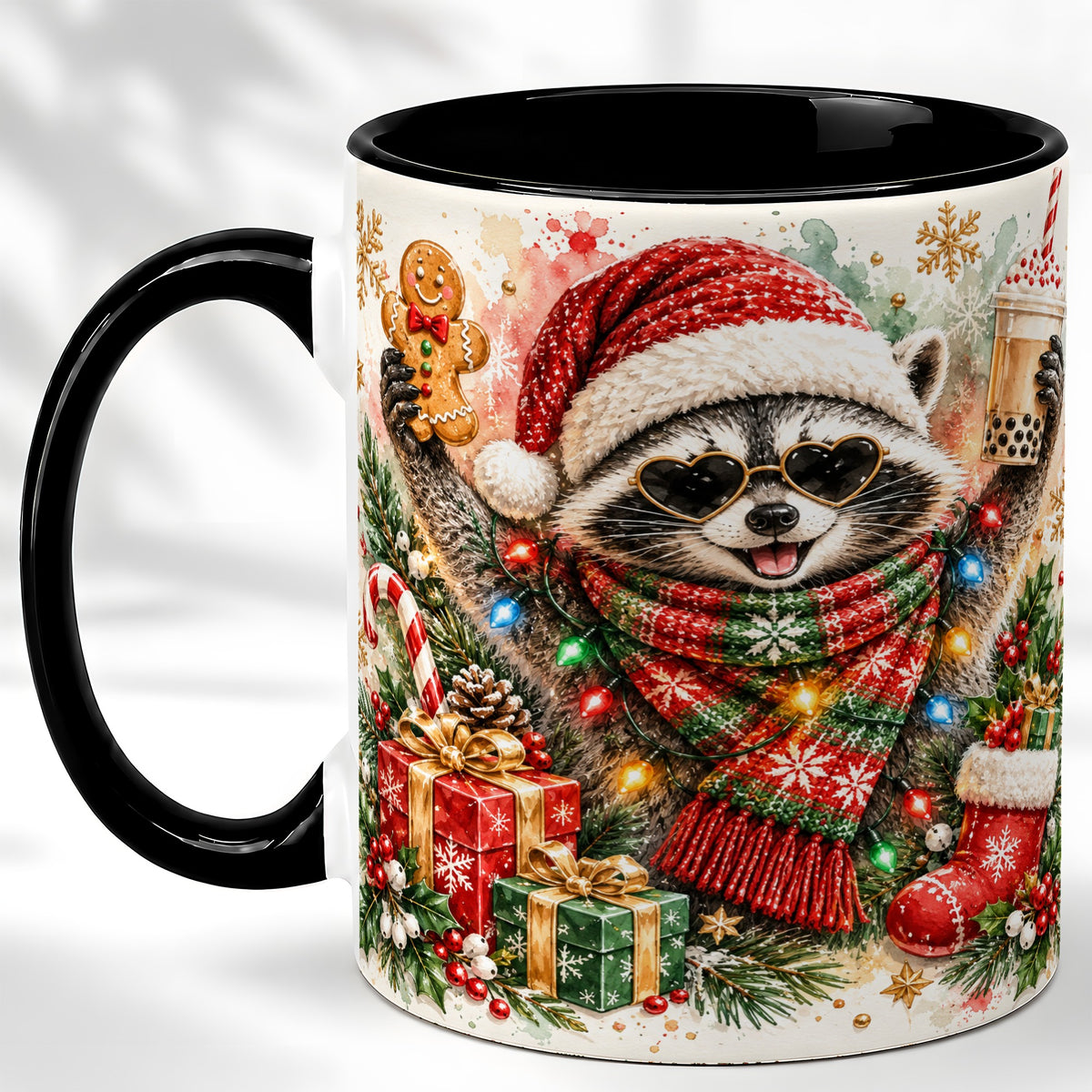 #pl[11oz|Black] Christmas Raccoon Coffee Mug, Holiday Animal Mug, Ceramic Cup