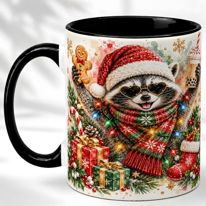 #pl[11oz|Black] Christmas Raccoon Coffee Mug, Holiday Animal Mug, Ceramic Cup