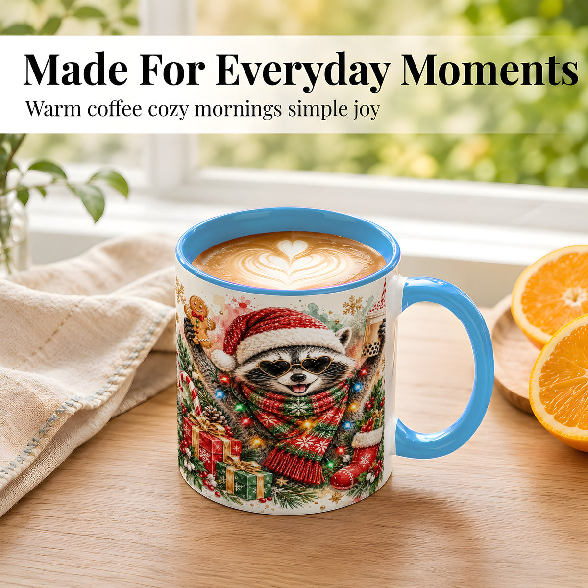#pl[11oz|Blue] Christmas Raccoon Coffee Mug, Holiday Animal Mug, Ceramic Cup