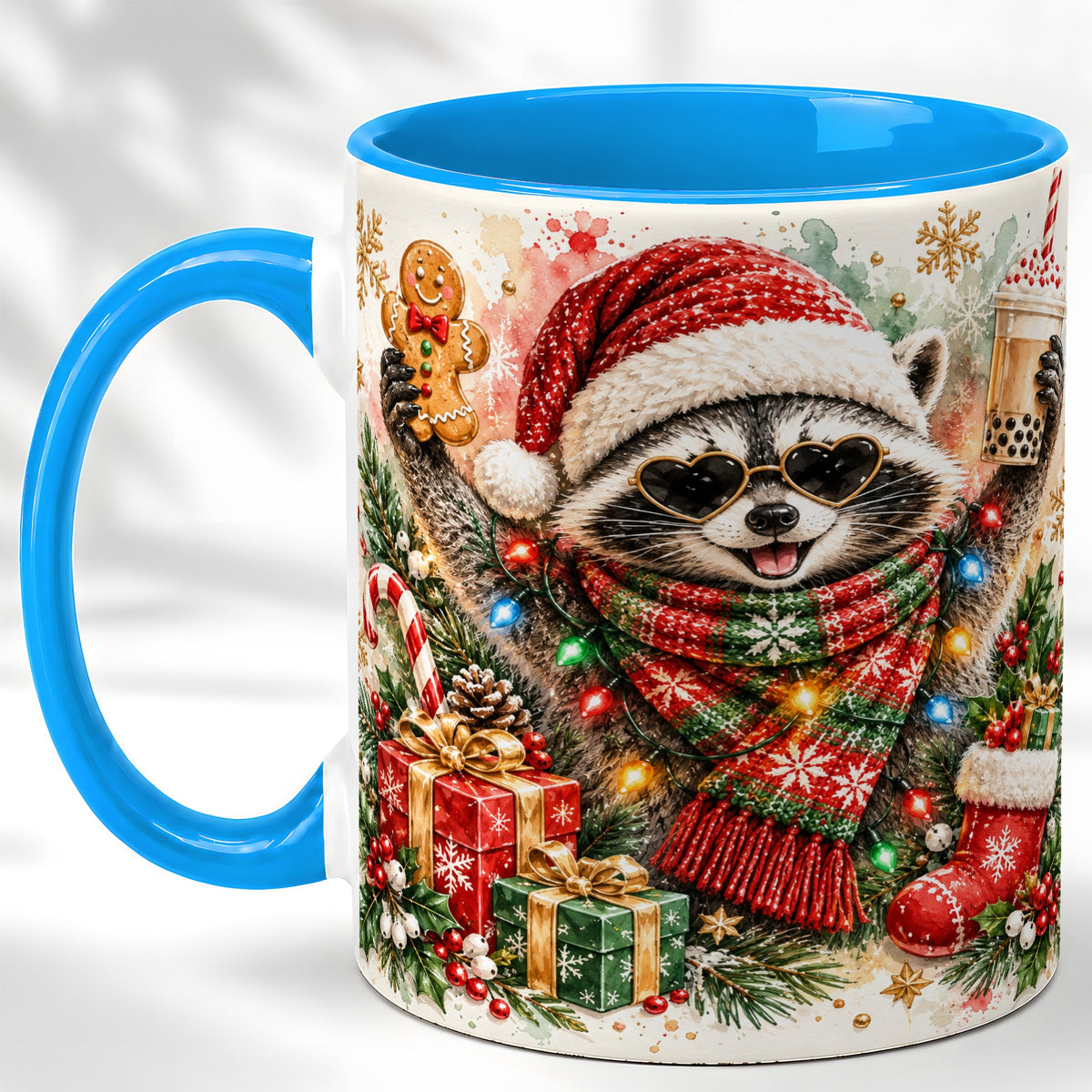 #pl[11oz|Blue] Christmas Raccoon Coffee Mug, Holiday Animal Mug, Ceramic Cup