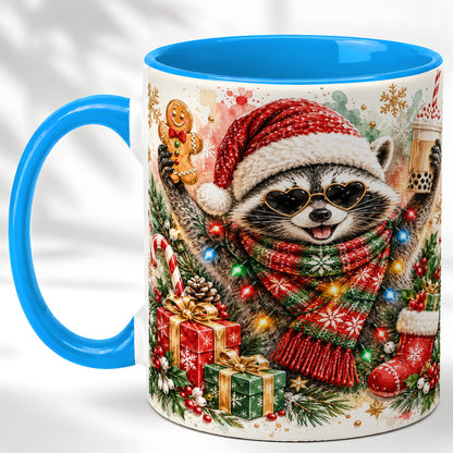 #pl[11oz|Blue] Christmas Raccoon Coffee Mug, Holiday Animal Mug, Ceramic Cup