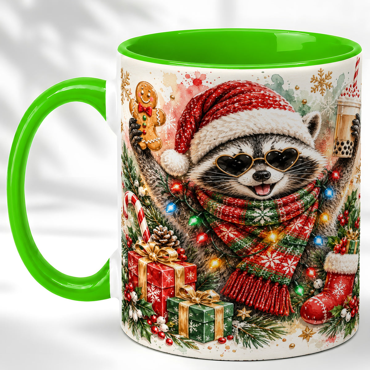 #pl[11oz|Green] Christmas Raccoon Coffee Mug, Holiday Animal Mug, Ceramic Cup