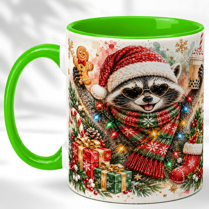 #pl[11oz|Green] Christmas Raccoon Coffee Mug, Holiday Animal Mug, Ceramic Cup