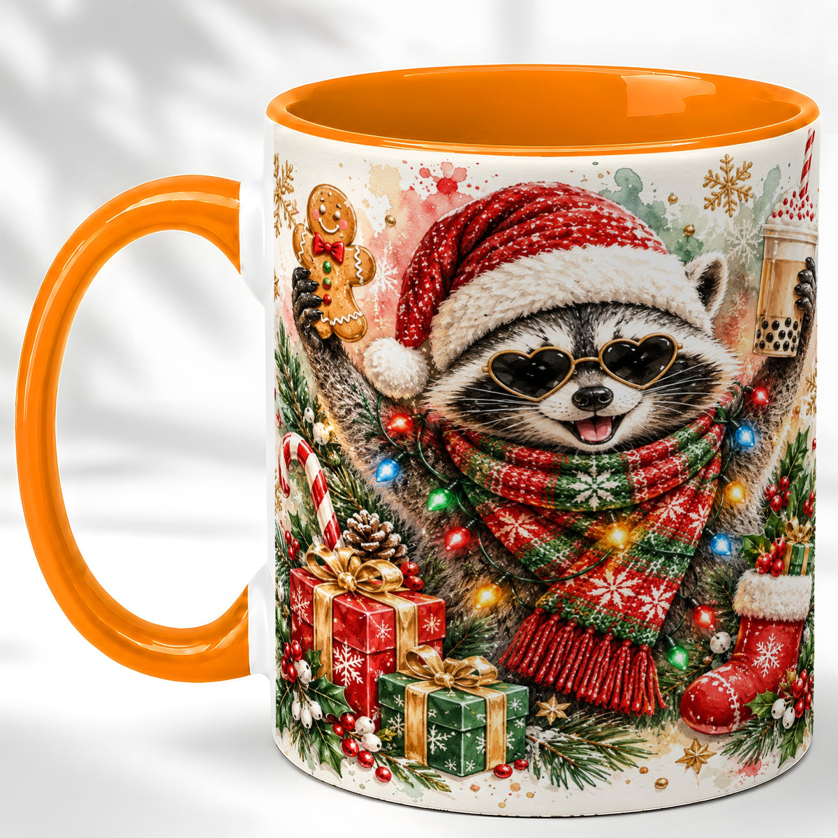 #pl[11oz|Orange] Christmas Raccoon Coffee Mug, Holiday Animal Mug, Ceramic Cup