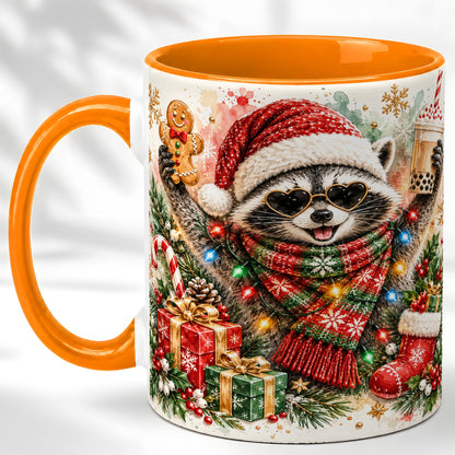 #pl[11oz|Orange] Christmas Raccoon Coffee Mug, Holiday Animal Mug, Ceramic Cup
