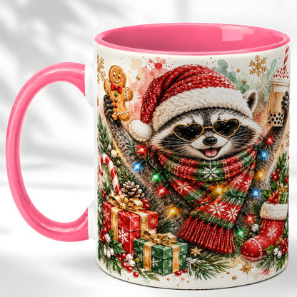 #pl[11oz|Pink] Christmas Raccoon Coffee Mug, Holiday Animal Mug, Ceramic Cup