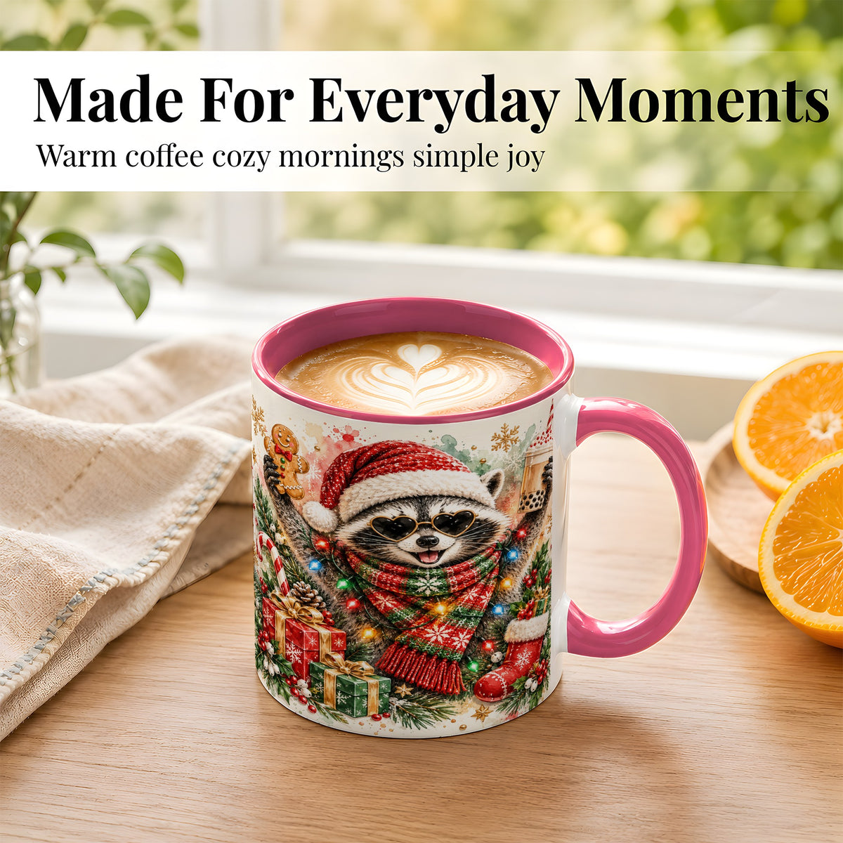 #pl[11oz|Pink] Christmas Raccoon Coffee Mug, Holiday Animal Mug, Ceramic Cup