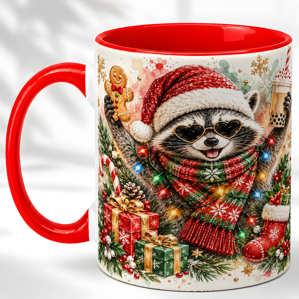 Christmas Raccoon Coffee Mug, Holiday Animal Mug, Ceramic Cup