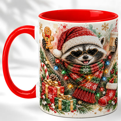 Christmas Raccoon Coffee Mug, Holiday Animal Mug, Ceramic Cup
