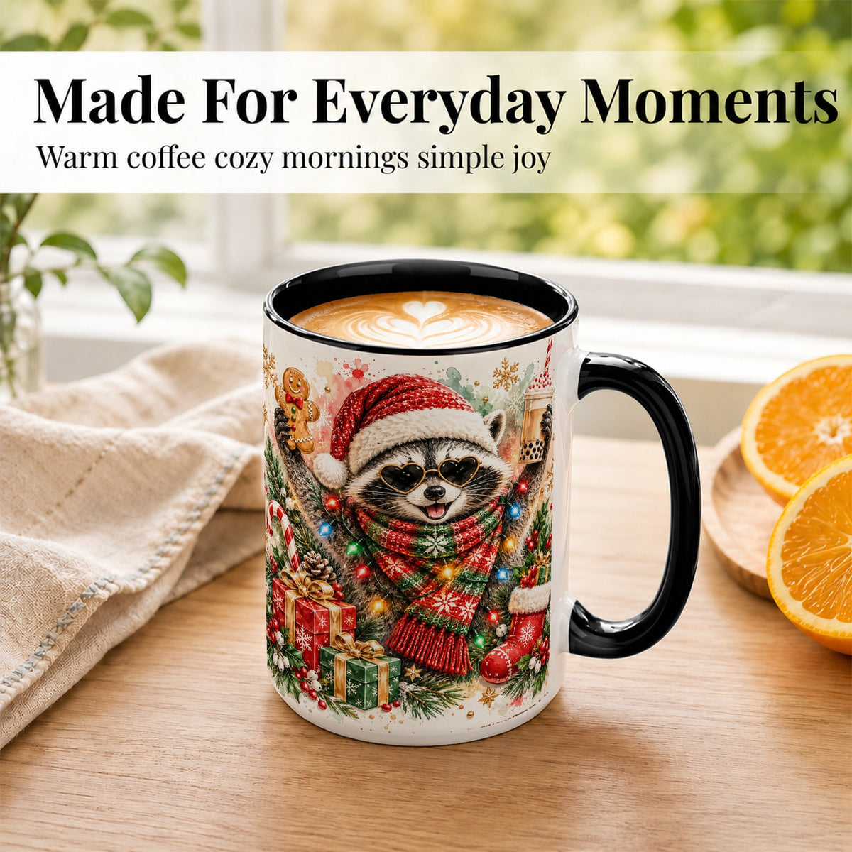 #pl[15oz|Black] Christmas Raccoon Coffee Mug, Holiday Animal Mug, Ceramic Cup