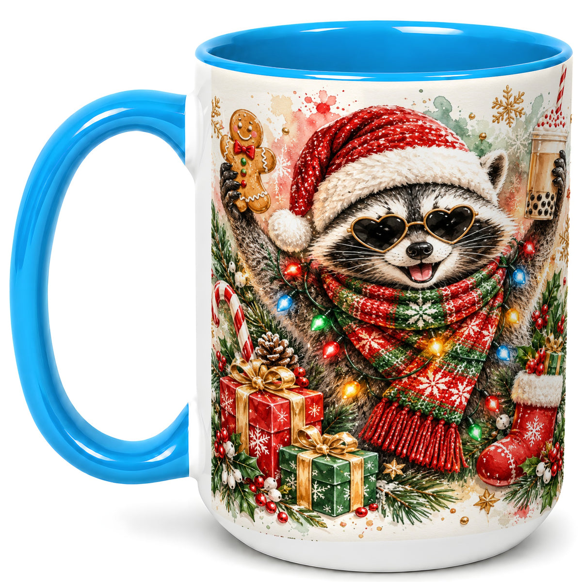 #pl[15oz|Blue] Christmas Raccoon Coffee Mug, Holiday Animal Mug, Ceramic Cup