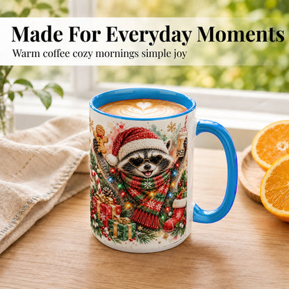 #pl[15oz|Blue] Christmas Raccoon Coffee Mug, Holiday Animal Mug, Ceramic Cup