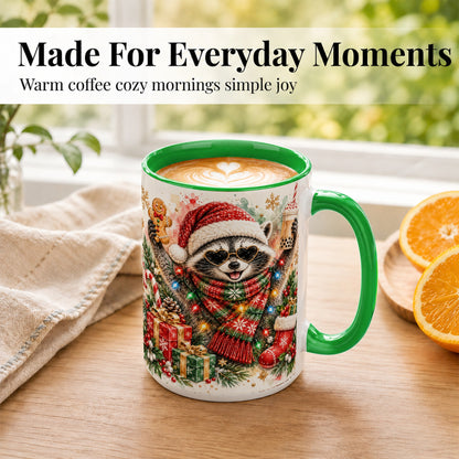 #pl[15oz|Green] Christmas Raccoon Coffee Mug, Holiday Animal Mug, Ceramic Cup