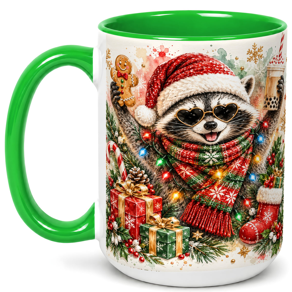 #pl[15oz|Green] Christmas Raccoon Coffee Mug, Holiday Animal Mug, Ceramic Cup