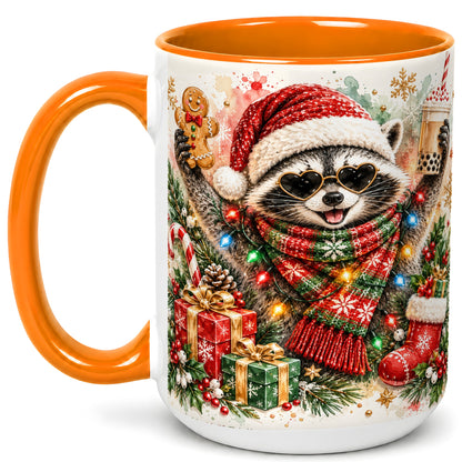 #pl[15oz|Orange] Christmas Raccoon Coffee Mug, Holiday Animal Mug, Ceramic Cup