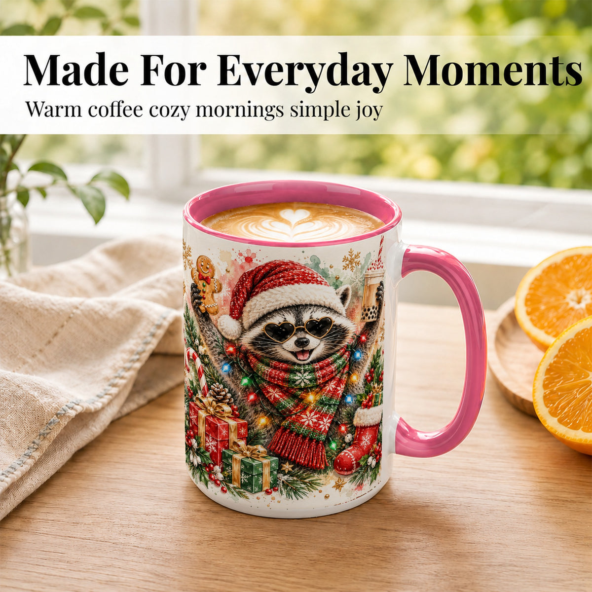 #pl[15oz|Pink] Christmas Raccoon Coffee Mug, Holiday Animal Mug, Ceramic Cup