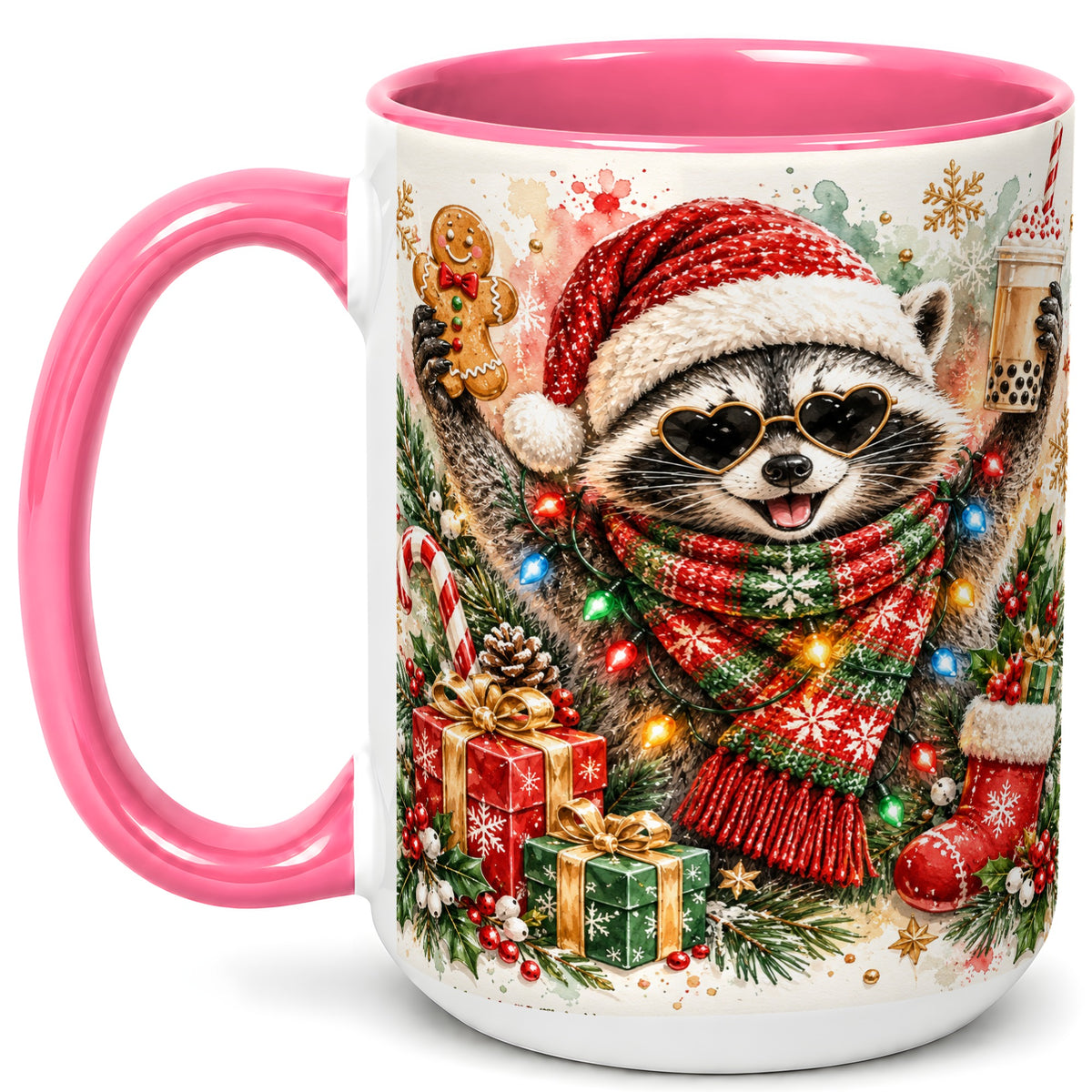 #pl[15oz|Pink] Christmas Raccoon Coffee Mug, Holiday Animal Mug, Ceramic Cup