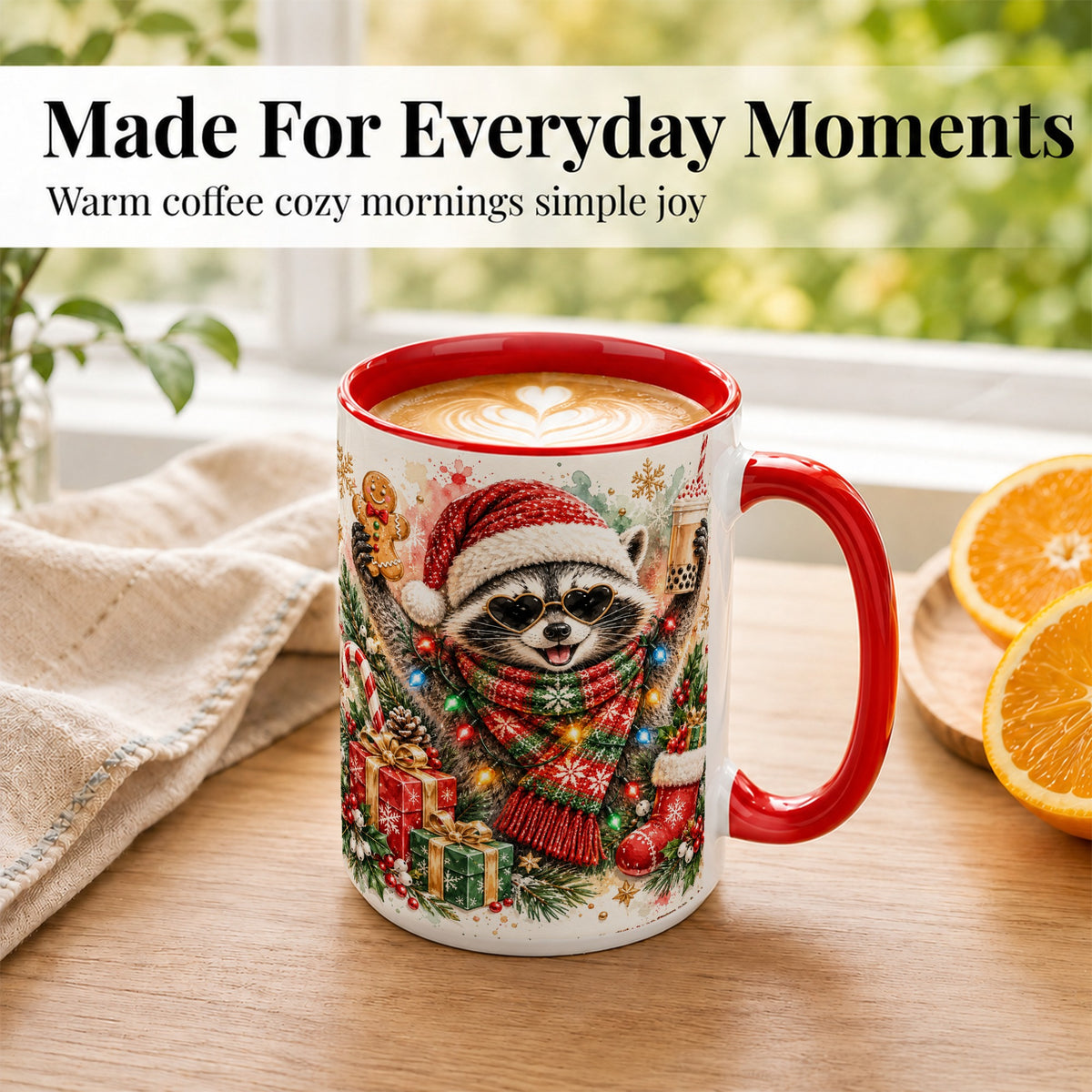 #pl[15oz|Red] Christmas Raccoon Coffee Mug, Holiday Animal Mug, Ceramic Cup