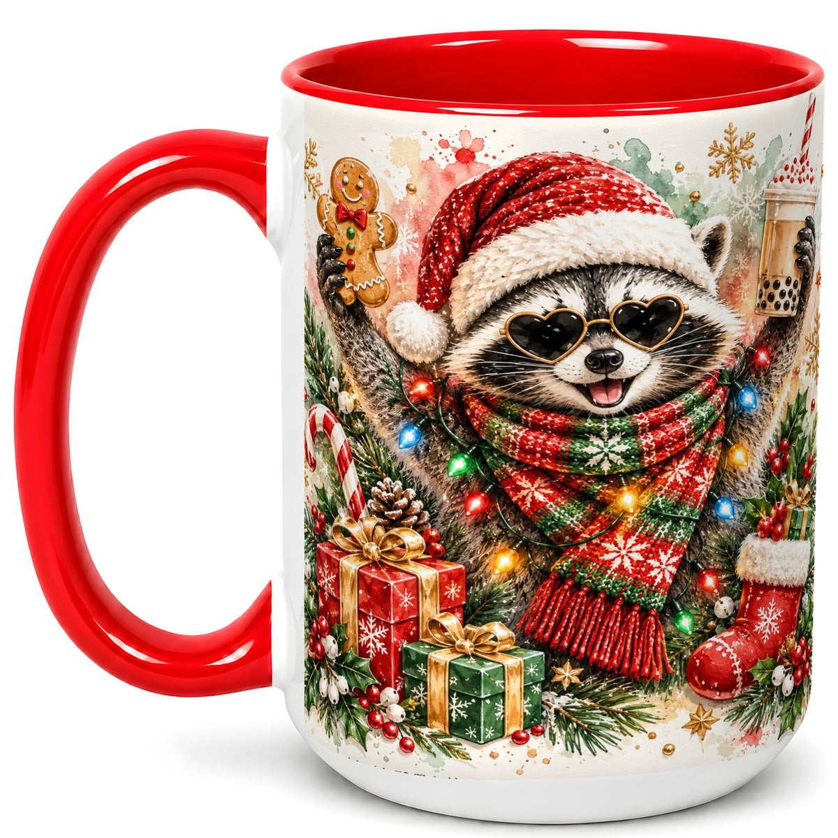 #pl[15oz|Red] Christmas Raccoon Coffee Mug, Holiday Animal Mug, Ceramic Cup