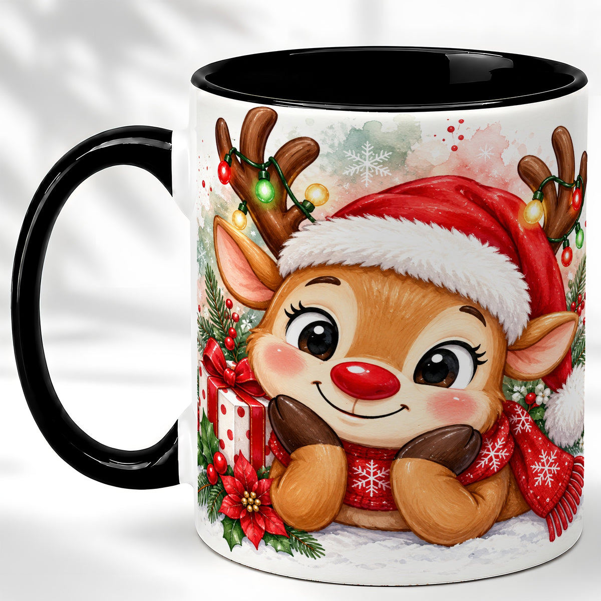 #pl[11oz|Black] Christmas Reindeer Coffee Mug, Holiday Deer Mug, Ceramic Cup