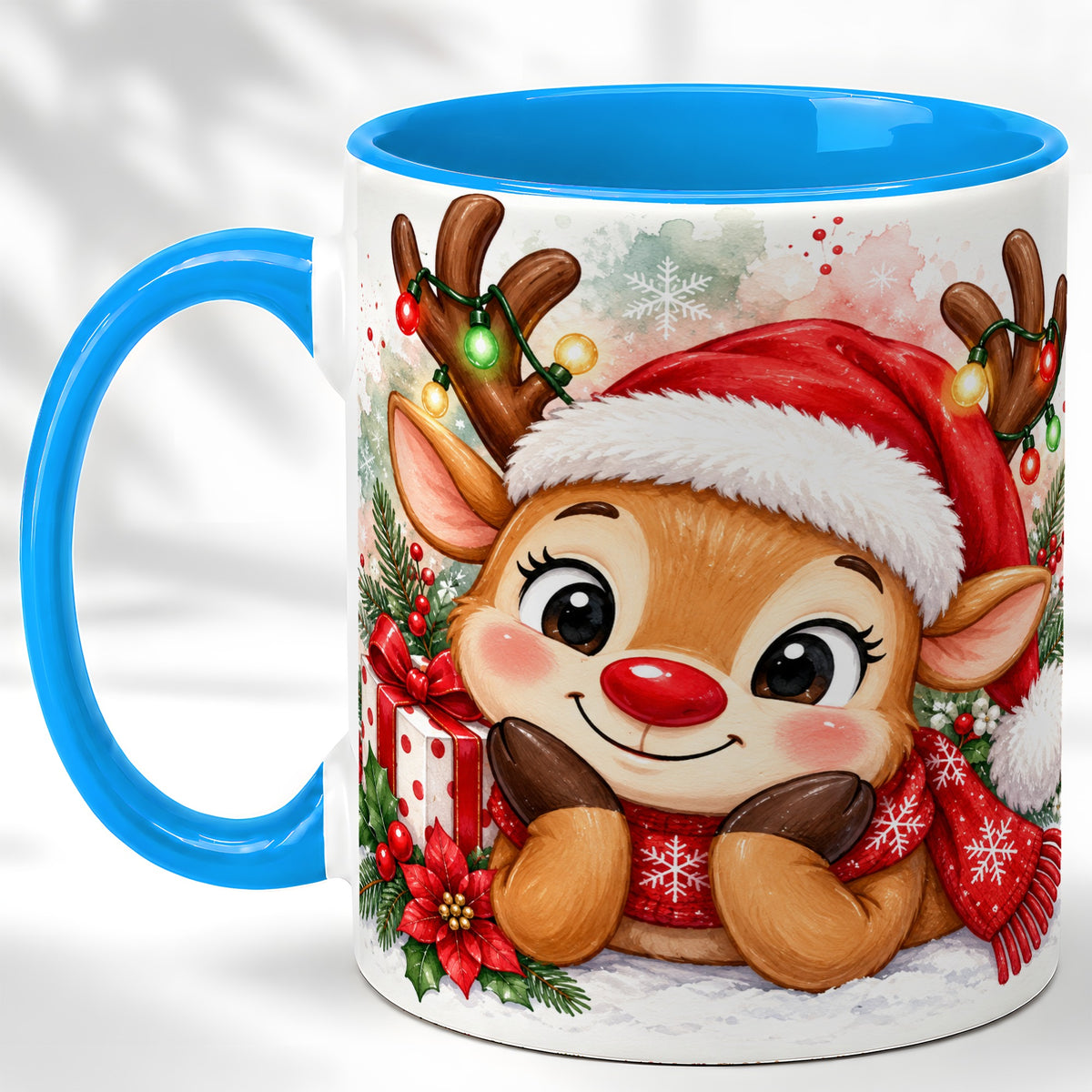 #pl[11oz|Blue] Christmas Reindeer Coffee Mug, Holiday Deer Mug, Ceramic Cup