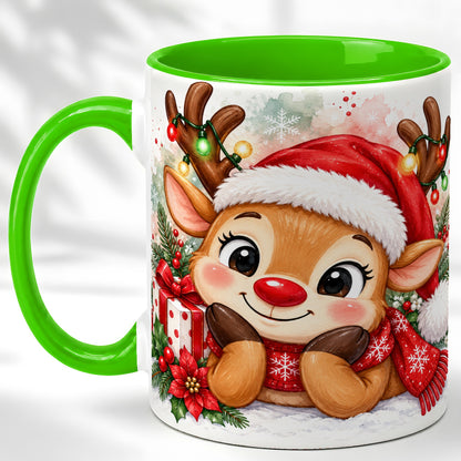 #pl[11oz|Green] Christmas Reindeer Coffee Mug, Holiday Deer Mug, Ceramic Cup