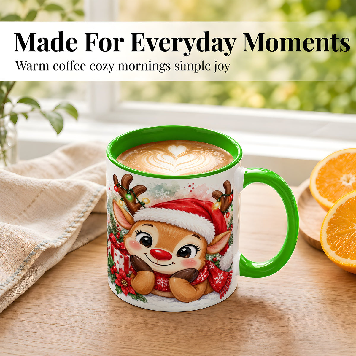 #pl[11oz|Green] Christmas Reindeer Coffee Mug, Holiday Deer Mug, Ceramic Cup