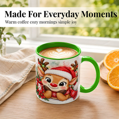 #pl[11oz|Green] Christmas Reindeer Coffee Mug, Holiday Deer Mug, Ceramic Cup