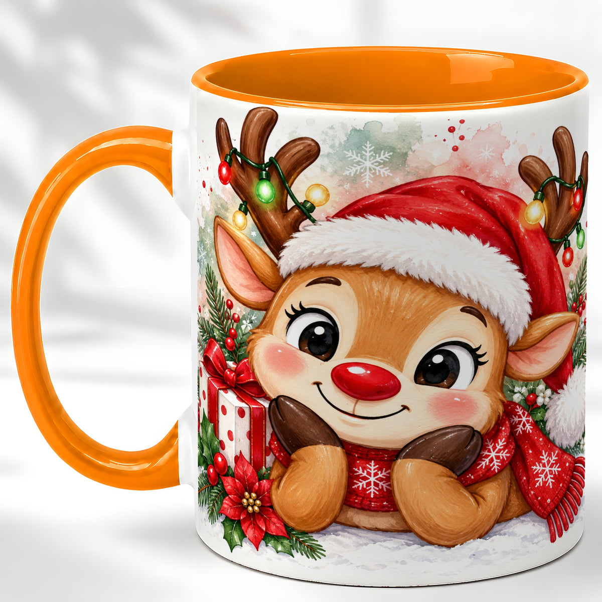 #pl[11oz|Orange] Christmas Reindeer Coffee Mug, Holiday Deer Mug, Ceramic Cup