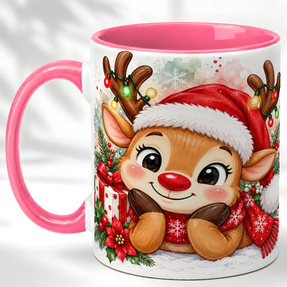 #pl[11oz|Pink] Christmas Reindeer Coffee Mug, Holiday Deer Mug, Ceramic Cup