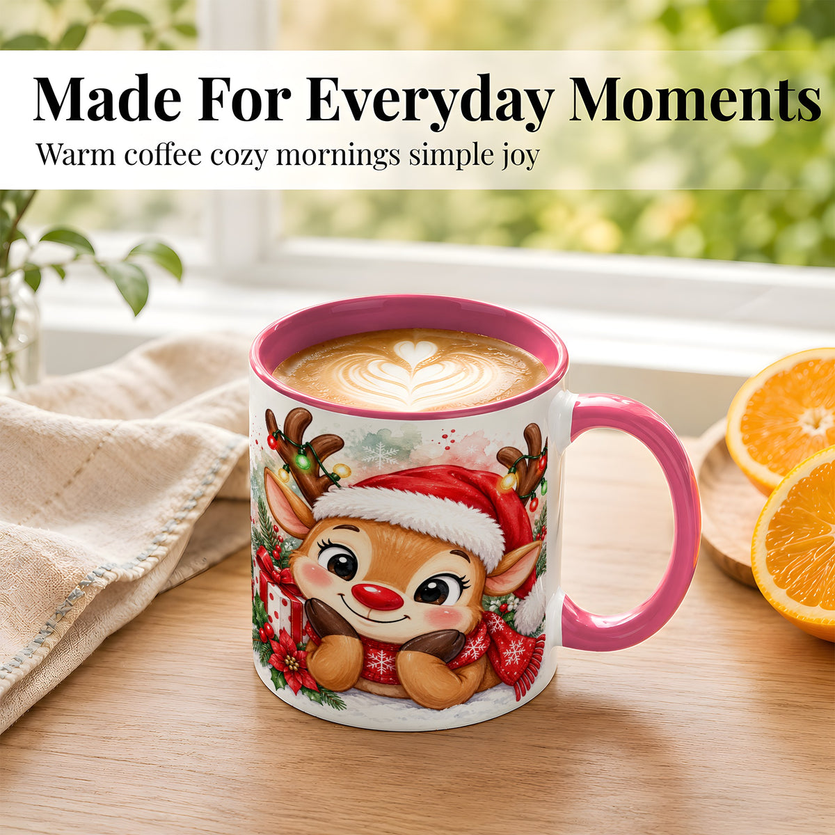 #pl[11oz|Pink] Christmas Reindeer Coffee Mug, Holiday Deer Mug, Ceramic Cup