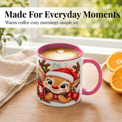 #pl[11oz|Pink] Christmas Reindeer Coffee Mug, Holiday Deer Mug, Ceramic Cup