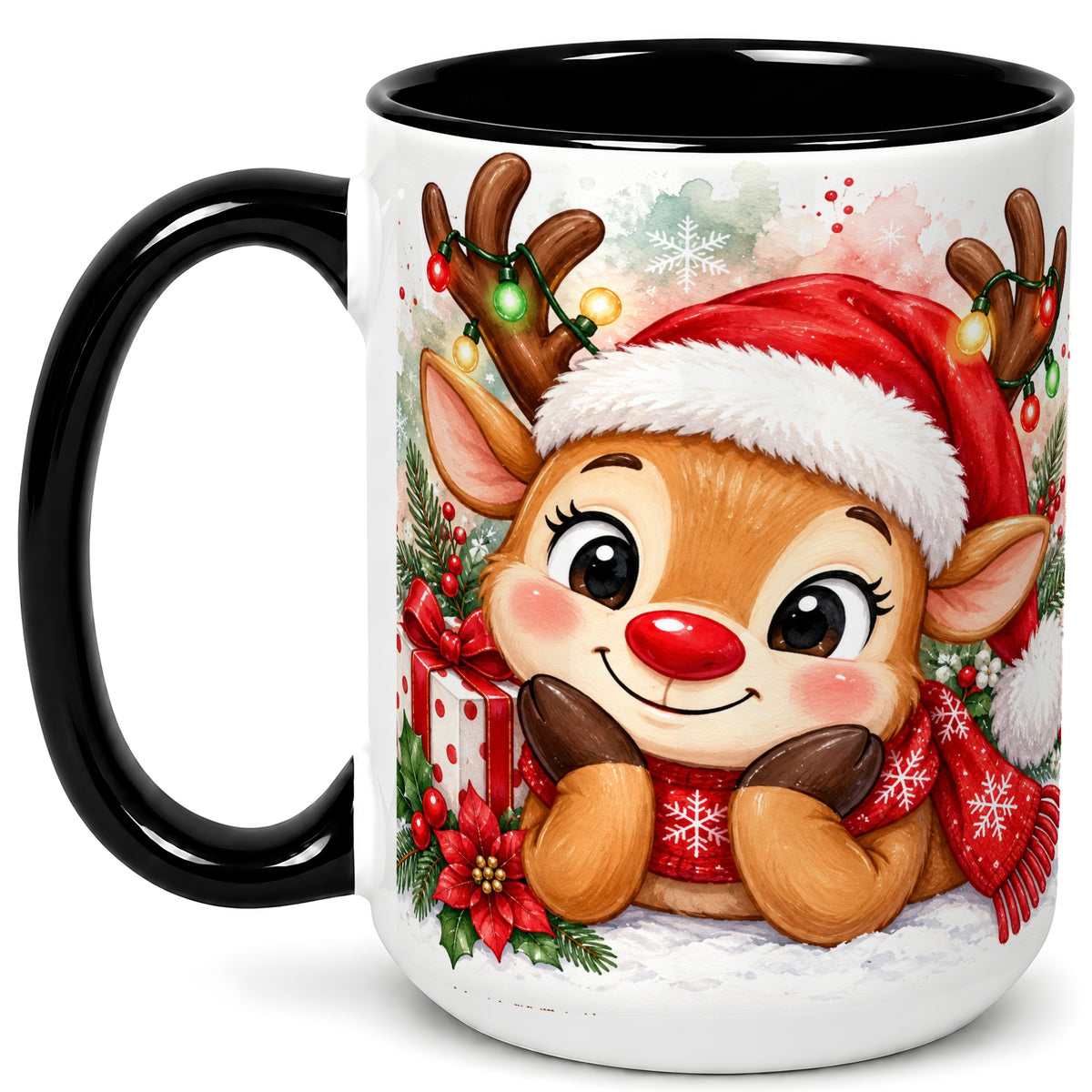 #pl[15oz|Black] Christmas Reindeer Coffee Mug, Holiday Deer Mug, Ceramic Cup