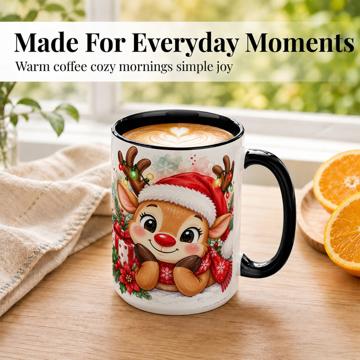 #pl[15oz|Black] Christmas Reindeer Coffee Mug, Holiday Deer Mug, Ceramic Cup