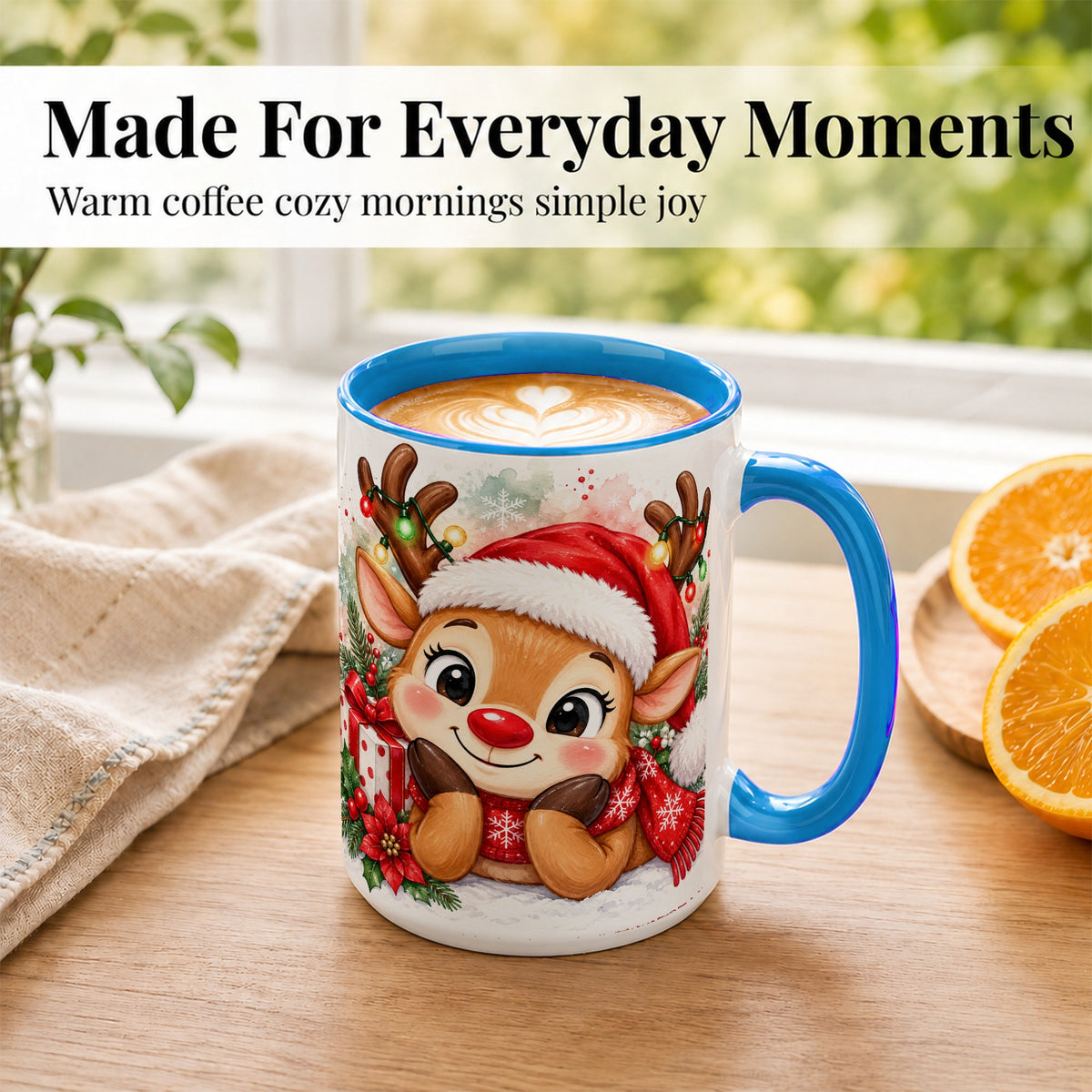 #pl[15oz|Blue] Christmas Reindeer Coffee Mug, Holiday Deer Mug, Ceramic Cup