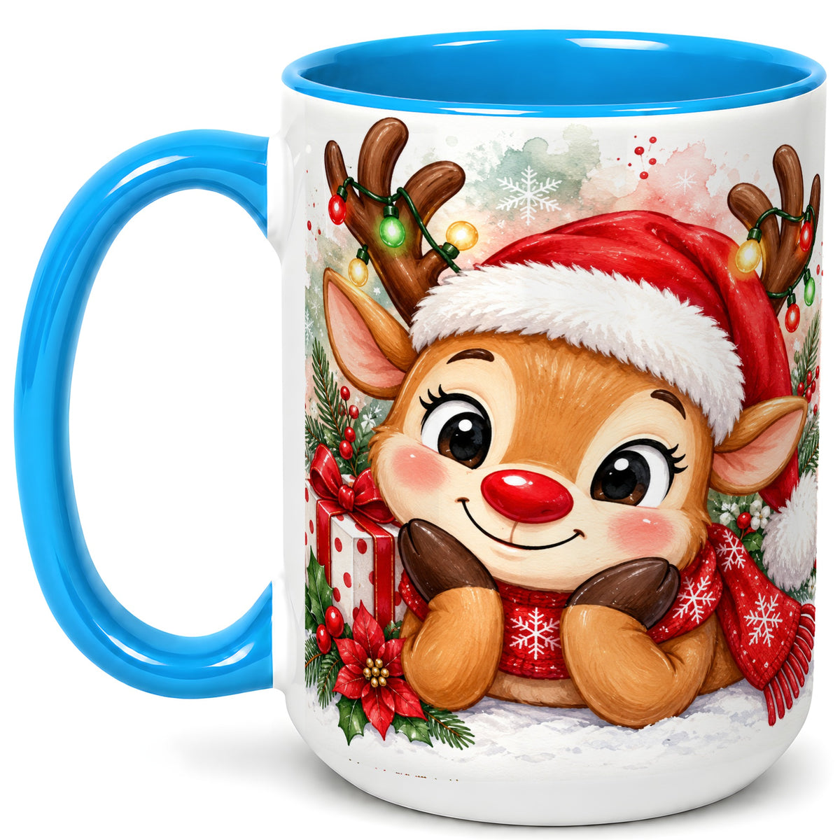 #pl[15oz|Blue] Christmas Reindeer Coffee Mug, Holiday Deer Mug, Ceramic Cup