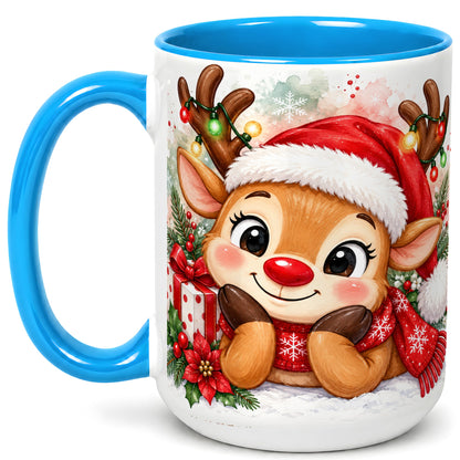 #pl[15oz|Blue] Christmas Reindeer Coffee Mug, Holiday Deer Mug, Ceramic Cup