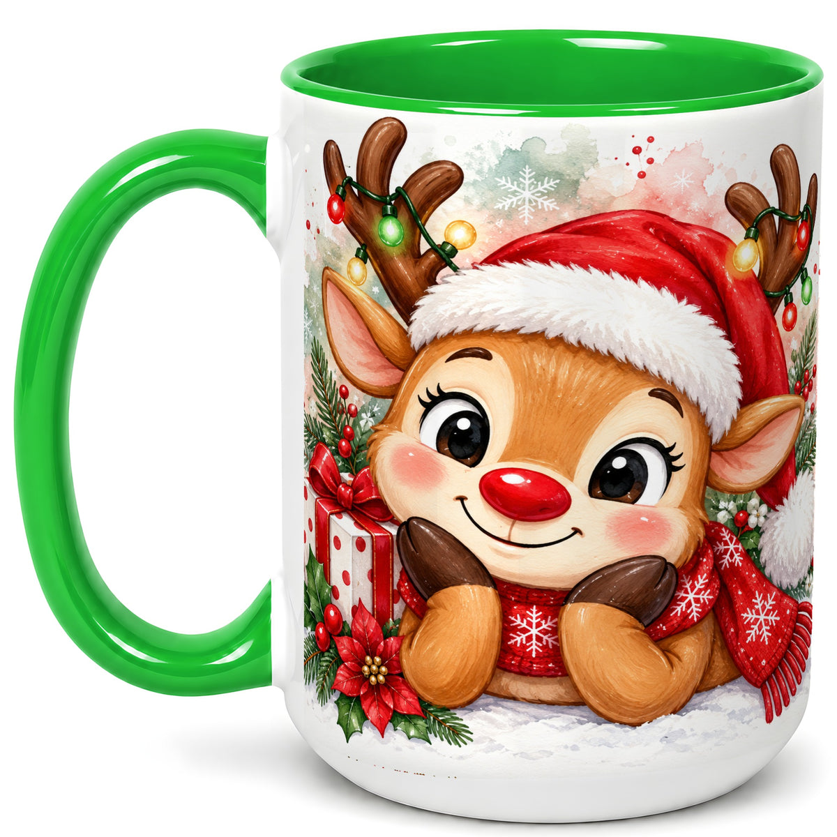 #pl[15oz|Green] Christmas Reindeer Coffee Mug, Holiday Deer Mug, Ceramic Cup