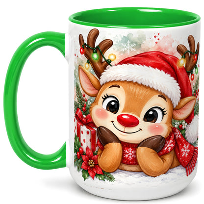 #pl[15oz|Green] Christmas Reindeer Coffee Mug, Holiday Deer Mug, Ceramic Cup