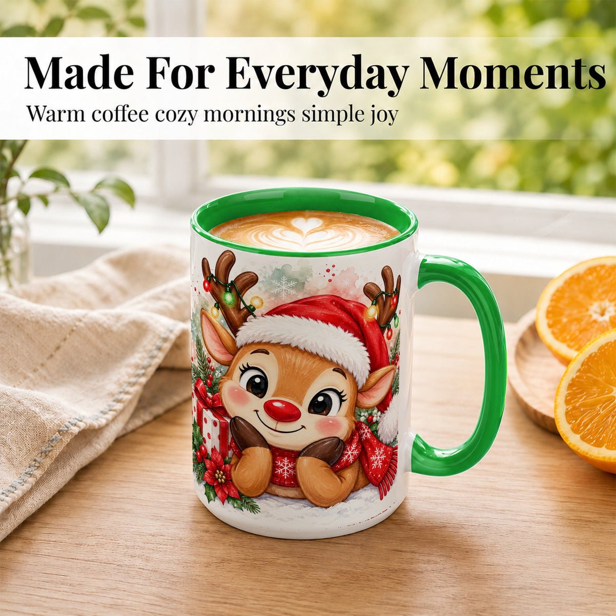 #pl[15oz|Green] Christmas Reindeer Coffee Mug, Holiday Deer Mug, Ceramic Cup