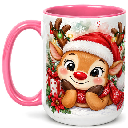 #pl[15oz|Pink] Christmas Reindeer Coffee Mug, Holiday Deer Mug, Ceramic Cup
