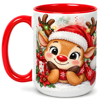 #pl[15oz|Red] Christmas Reindeer Coffee Mug, Holiday Deer Mug, Ceramic Cup