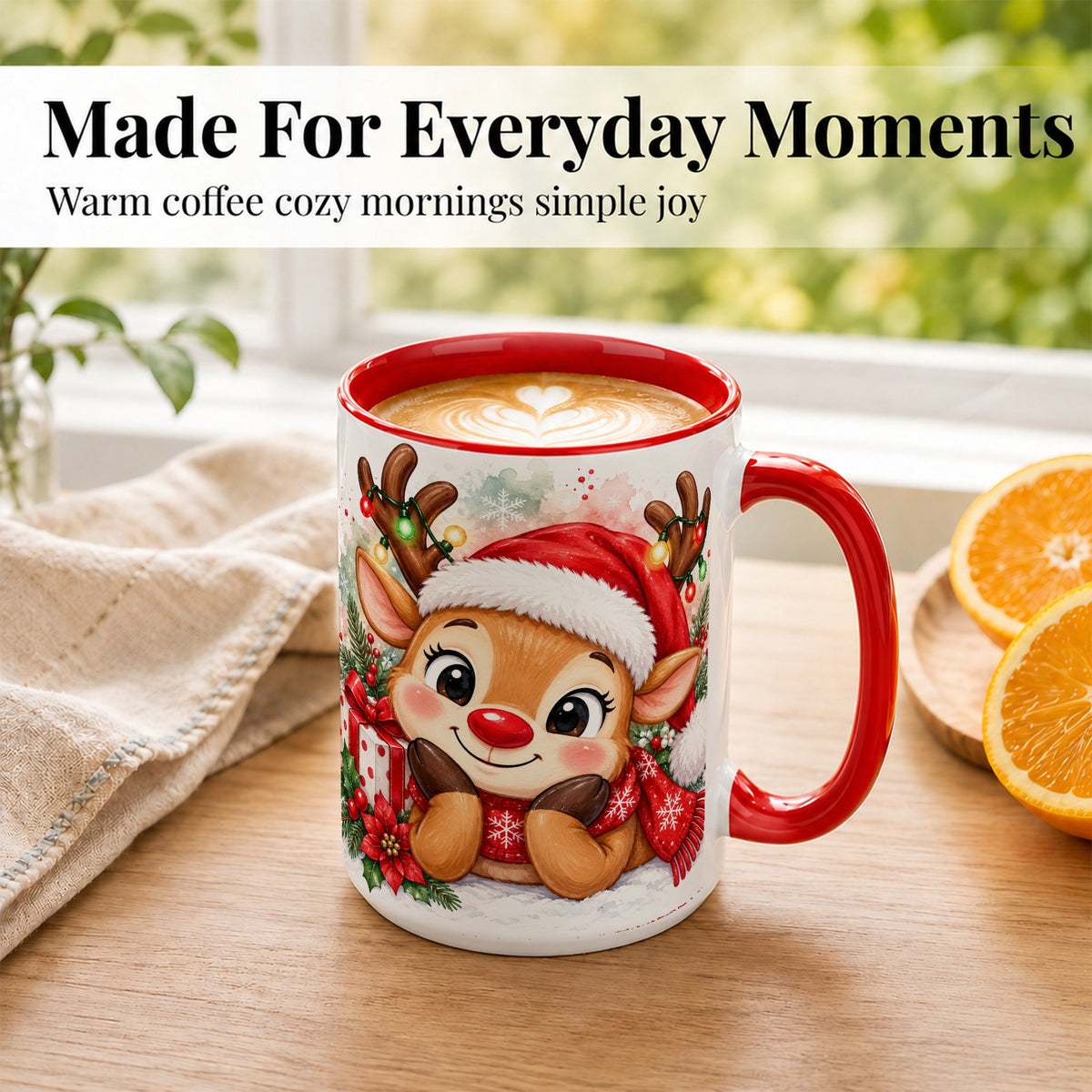 #pl[15oz|Red] Christmas Reindeer Coffee Mug, Holiday Deer Mug, Ceramic Cup